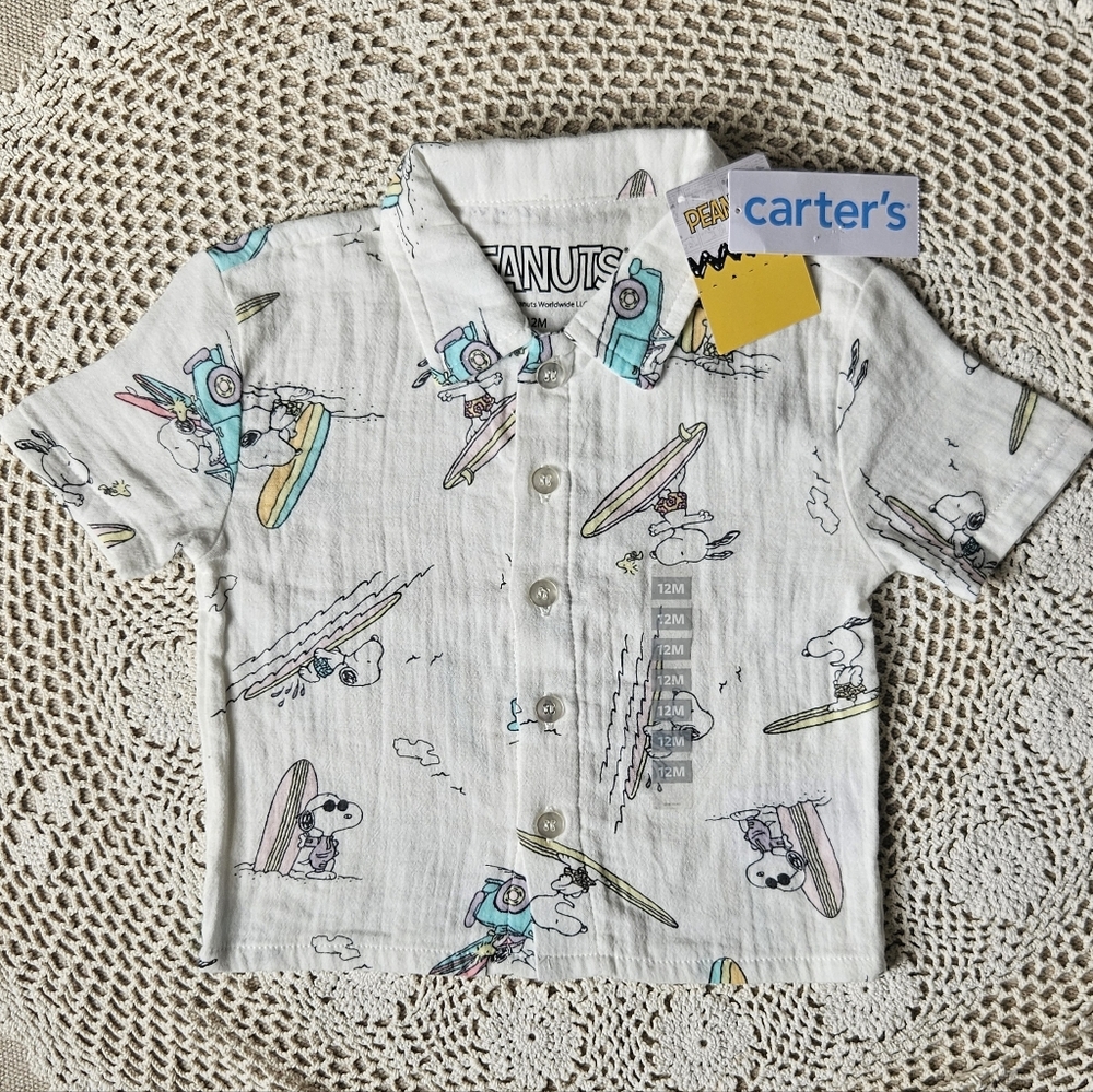 Carter's Off White Peanuts Snoopy Surf Print Button-Down Shirt , 12 months